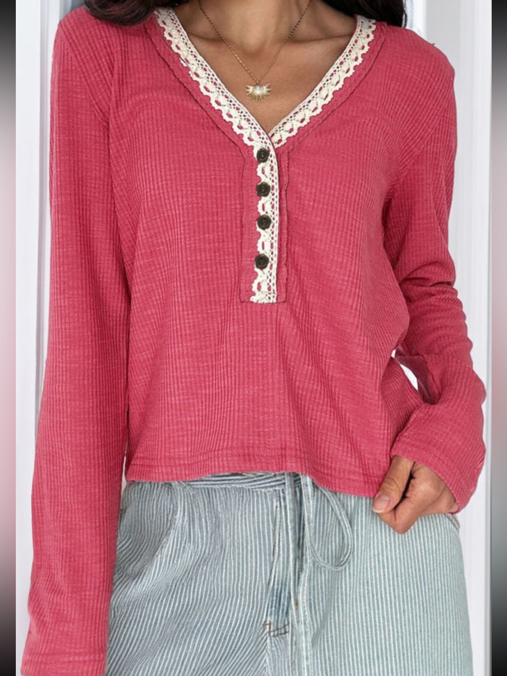 1307. Red ribbed knit lace trim long sleeve top